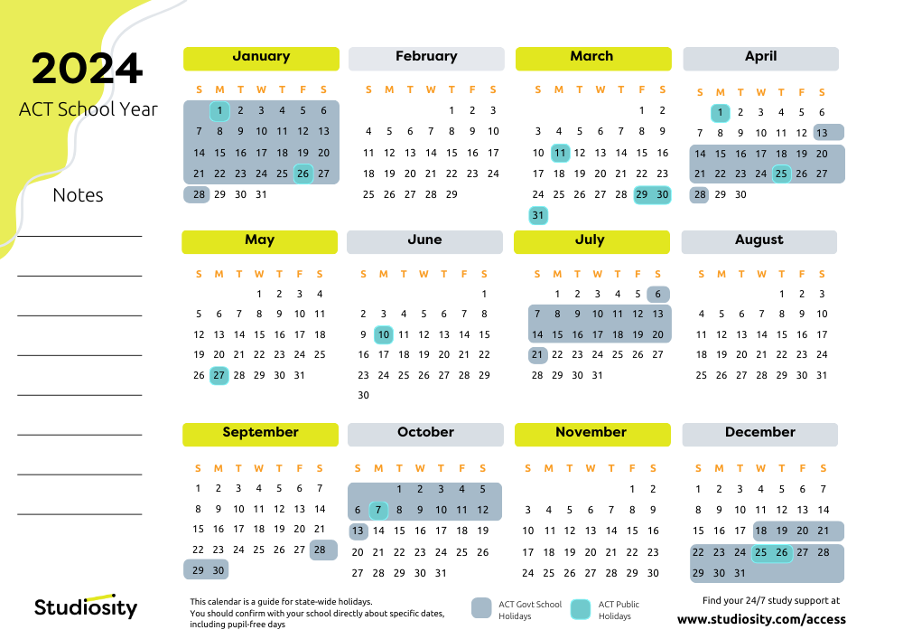 School terms and public holiday dates for ACT in 2024 Studiosity